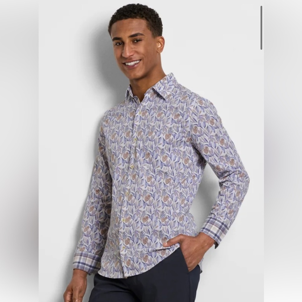 Van Heusen Men's Leaf “halogen” Pattern Shirt - Blue, tan and Cream. Slim fit